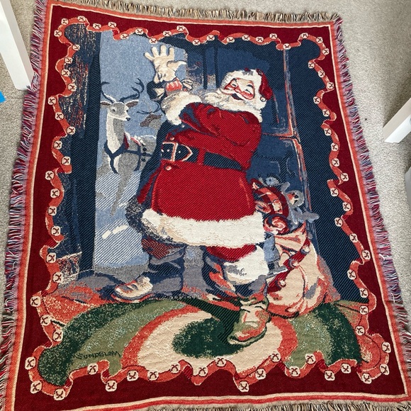 Vintage Hallmark Goodwin Weavers Santa tapestry fringe throw blanket 48" x 60" - Picture 1 of 6